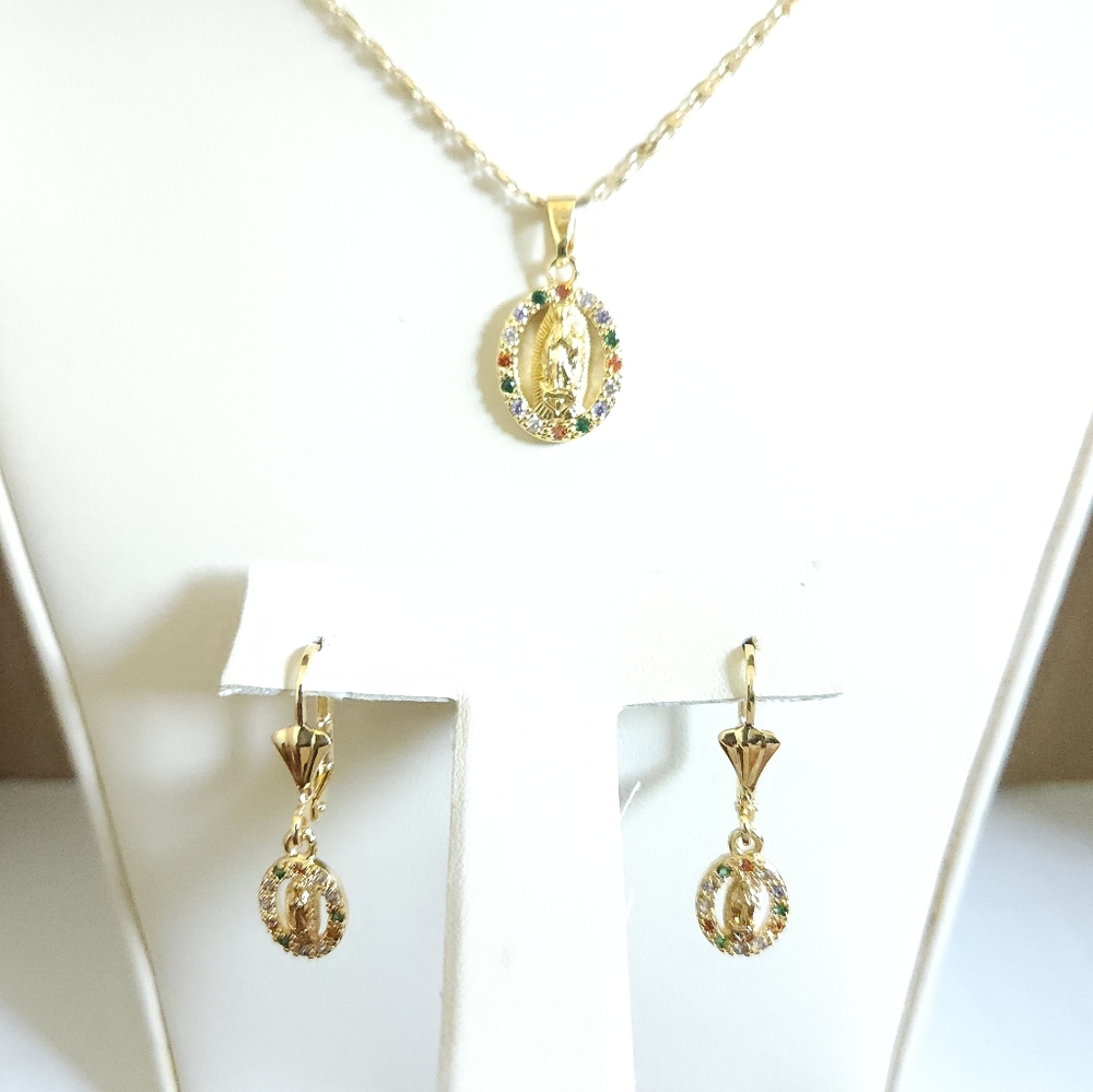 Gold-tone Virgin Guadalupe Necklace & Earring Set w/ Colorful Stones gold plated